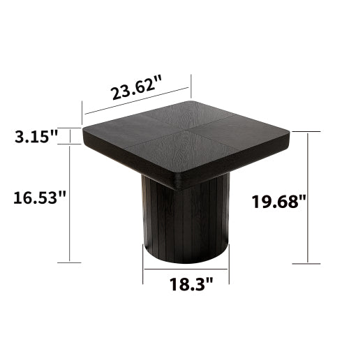 23.6inch  Modern Square End Table, Solid Wood Veneer Parquet Top with Grooved Cylindrical Base, Matte Black