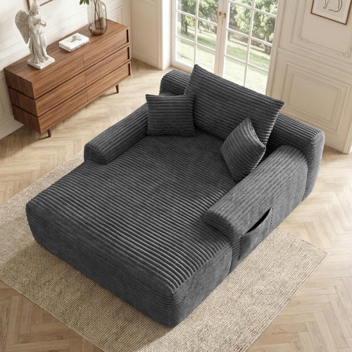 Grey Convertible Striped-Corduroy Boneless Chaise Lounge Sleeper Sofa-Bed Wide Armrest & Throw Pillows No-Assembly