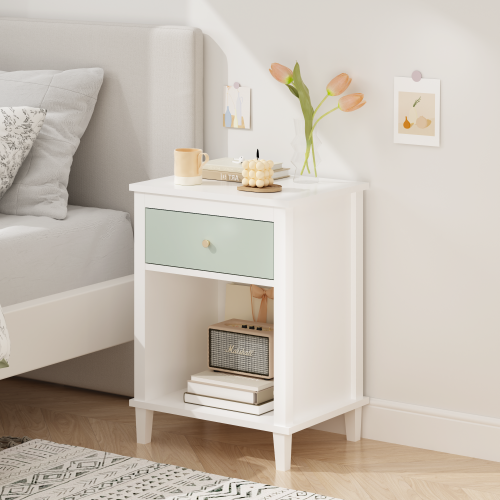 26.77''H Kids Nightstand with Drawer and Shelf, Sage and White Storage Table
