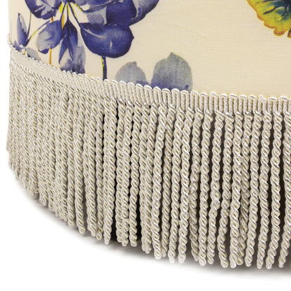 24 inch Round Upholstered Accent Ottoman, Beige Tropical Floral Woven Fabric Ottoman with Bullion Fringe
