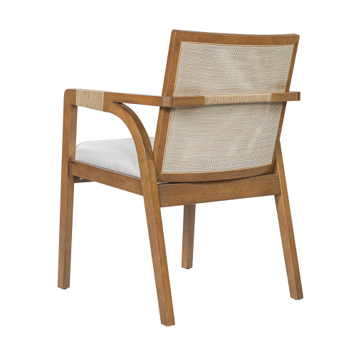 Set of 2 Walnut Rubber Wood Dining Arm Chairs, Textilene Back & PE Rattan Armrest