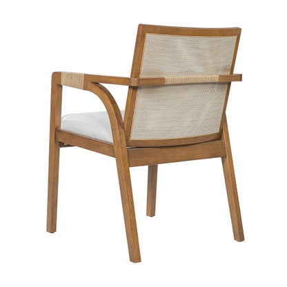 Set of 2 Walnut Rubber Wood Dining Arm Chairs, Textilene Back & PE Rattan Armrest