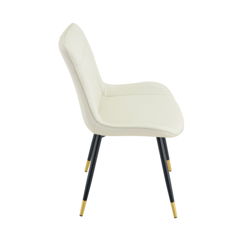 Set of 2 White Leathaire Tech Fabric Dining Chairs, Black Semi-Gloss Metal Leg Gold Trim Adjustable Non-Slip Feet Vertical Stitch High Back