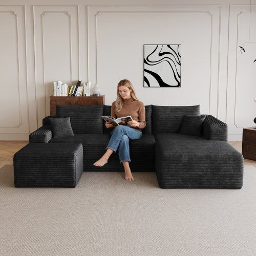 95-Inch Black Plush Corduroy U-Shaped Cloud Sectional Sofa with 1 Ottoman, Deep-Seat Corner Couch No-Assembly for Living-Room