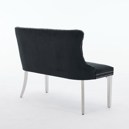 Velvet Double Dining Loveseat Bench, Kitchen & Dining Seating, 2-Seat Tufted Bench w/Handmade Buttons, Wing Back, Brushed Silver Stainless Steel Legs, Mid Century Modern,Single Pack,Black