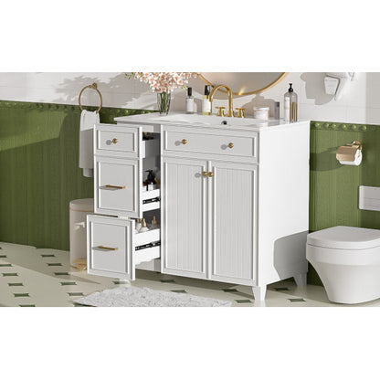 36" Bathroom Vanity with Ceramic Sink, Standard and Double-Layer Drawers, Soft Close Doors, Adjustable Shelves, Modern Storage Cabinet for Small and Medium Bathrooms
