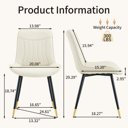 Set of 2 White Leathaire Tech Fabric Dining Chairs, Black Semi-Gloss Metal Leg Gold Trim Adjustable Non-Slip Feet Vertical Stitch High Back