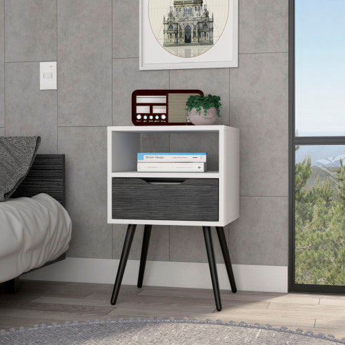 Smokey Oak & White Nightstand with Drawer & Shelf