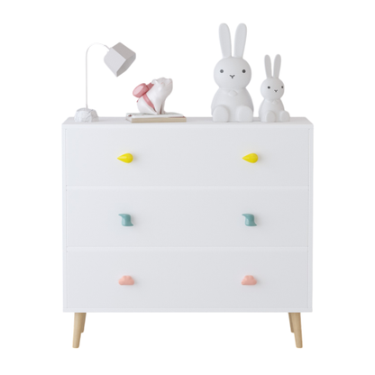 Kids 3 Drawer Dresser, Baby Nightstand Storage Cabinet, White Nursery Chest with Cartoon Pulls for Toddler Bedroom