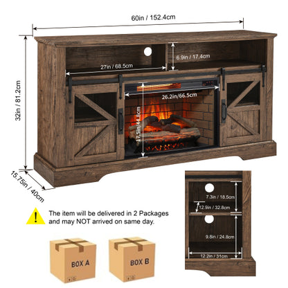 60 Inch Electric Fireplace Entertainment Center With Door Sensor-Reclaimed Barnwood Color