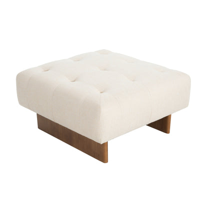 Beige Tufted Square Linen Ottoman, Breathable Fabric Foot Stool with Durable Rubber Wood Legs for Bedroom & Living Room
