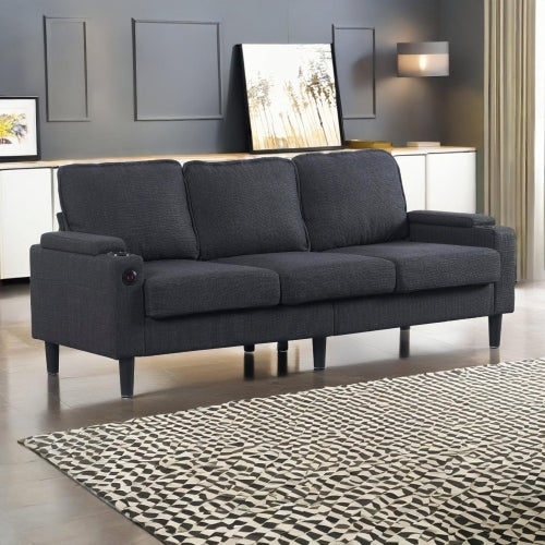 Dark-Grey L-Shaped Sectional 3-Seat Combo Sofa with Storage Ottoman USB Ports Cup-Holders for Living Room Apartment