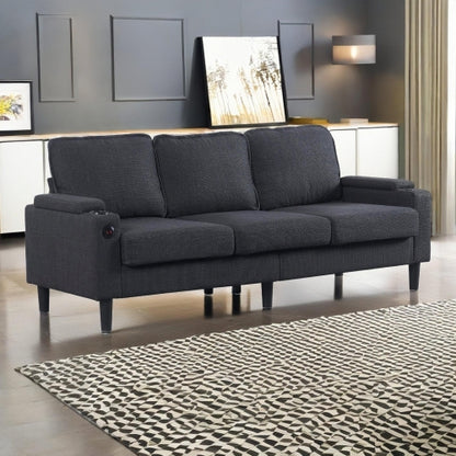 Dark-Grey L-Shaped Sectional 3-Seat Combo Sofa with Storage Ottoman USB Ports Cup-Holders for Living Room Apartment
