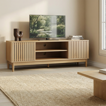 55 Inch Oak Vertical Slat Mid-Century TV Stand Silent Hinge Media Cabinet Fits 65 Inch TV