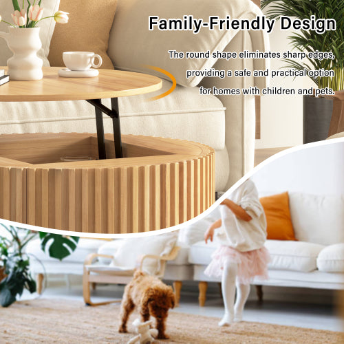 Round Lift Top Coffee Table Storage Fluted Wood MDF Solid Wood Living Room Table
