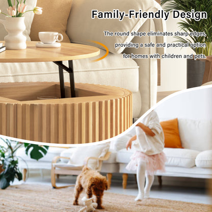 Round Lift Top Coffee Table Storage Fluted Wood MDF Solid Wood Living Room Table