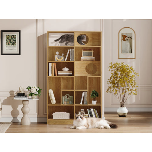 Modern Cat House Bookshelf with Storage and Litter Box Natural