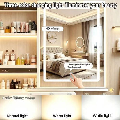 White Modern Vanity Set with LED Mirror, Cushioned Stool, Sliding Glass Door, 3 Lighting Modes, Bedroom Dressing Table