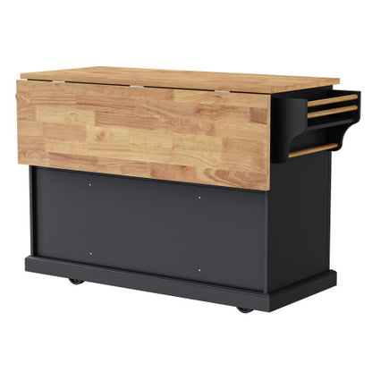 54 Inch Rolling Kitchen Island with Drop Leaf Drawers & Wheels Black