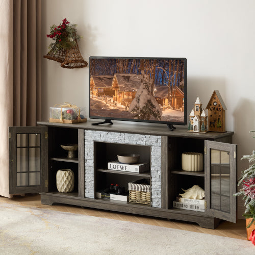58 Inch Grey Faux Stone Two-Door TV Media Console Adjustable Shelves 6 Cable Holes Fits TVs Up To 65 Inch