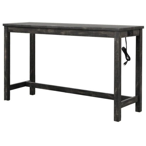 3-Piece Charcoal Black Counter Height Dining Set, Solid Wood Table with Outlet & 2 Tufted Linen Stools