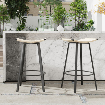 Counter Height Bar Stools Backless Handwoven Kitchen Dining Chairs with Round Footrest Set of 2 PVC Weaving Pub Stool for Indoor & Outdoor (Black & Creamy White)