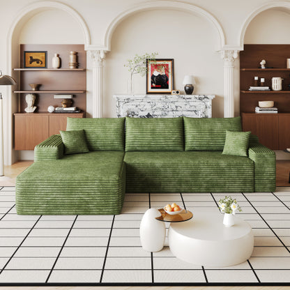 107 inch  Green Plush Corduroy L-Shape Cloud Modular Sectional Sofa, No Assembly
