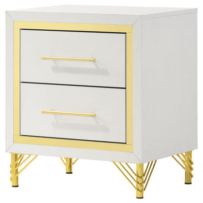 White 2-Drawer Nightstand with Gold Trim, MDF & Melamine