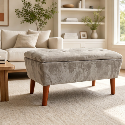 42 Inch Rectangular Linen Ottoman Bench, Solid Wood Tapered Legs, Multi-Use End of Bed & Entryway Shoe Ottoman