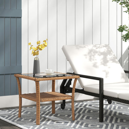 Outsunny Rattan Side Table Outdoor End Table with Storage Shelf Aluminum Frame Tempered Glass Top