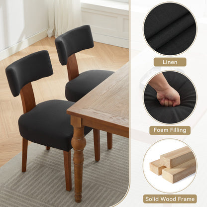 Set of 2 Black Linen Curved Wingback Dining Chairs, Light Brown Rubber Wood Legs 250lbs Weight Limit