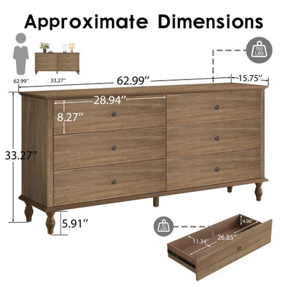 6 Drawer Double Wide Wood Dresser with Soft Close Slides & Burnt Wood Finish Brown