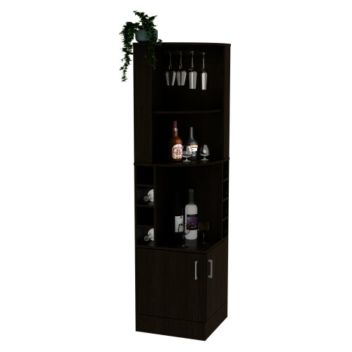 Corner Bar Cabinet, Eight Bottle Cubbies, Double Door, Two Open Shelves -Black