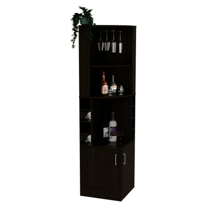 Corner Bar Cabinet, Eight Bottle Cubbies, Double Door, Two Open Shelves -Black