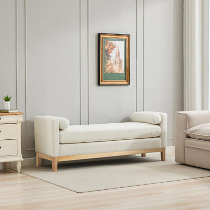 66.34inch W Elegant Upholstered Bench,Daybed, Ottoman with Nature Wood Legs & 2 Bolster Pillows for End of Bed, Bedroom, Living Room, Entryway,Ivory Boucle