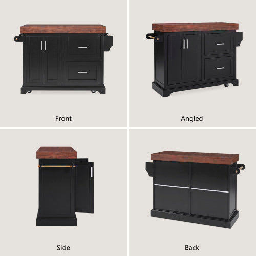 53 Inch Rolling Kitchen Island with Thick Top Drawers & Spice Rack Black