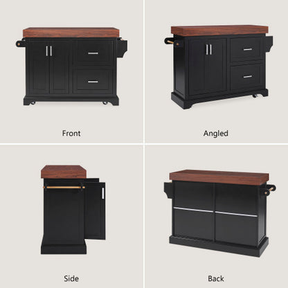 53 Inch Rolling Kitchen Island with Thick Top Drawers & Spice Rack Black