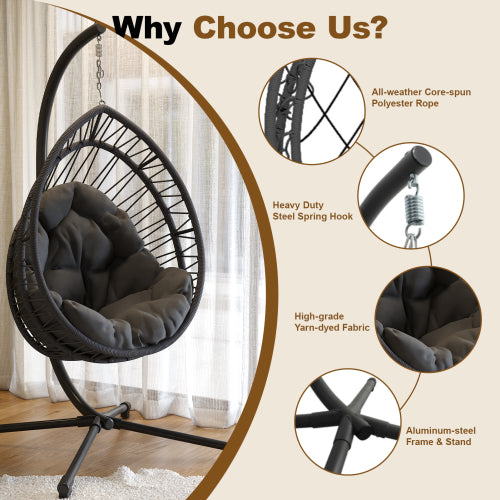 Outdoor Egg-shaped Hanging Chair with Stand, Patio Egg-shaped Swing Chair, Indoor Rocking Chair, Outdoor Hammock Egg-shaped Chair, Dark Gray
