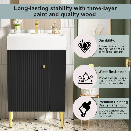 21.6" Black Bathroom vanity, Combo Cabinet, Bathroom Storage Cabinet, Single Ceramic Sink, Right side storage