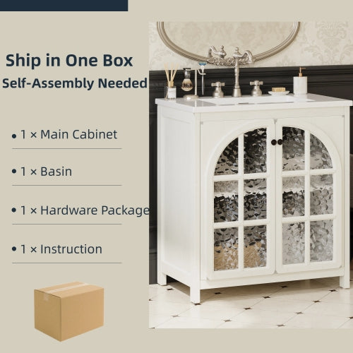 31" Farmhouse Bathroom Vanity with Ceramic Sink, Faux Aged Finish, Vintage Rustic Bathroom Cabinet with Bronze Pulls and 2 Soft-Closing Doors, Antique White