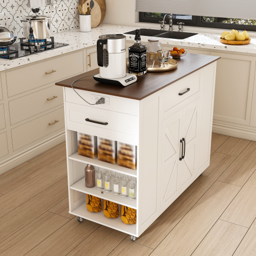 46 inch Kitchen Island on Wheels with Storage & Power Outlet - Movable Rustic Breakfast Bar Table, Wood Top with Adjustable Shelf & Drawer for Kitchen Dining Living Room, White