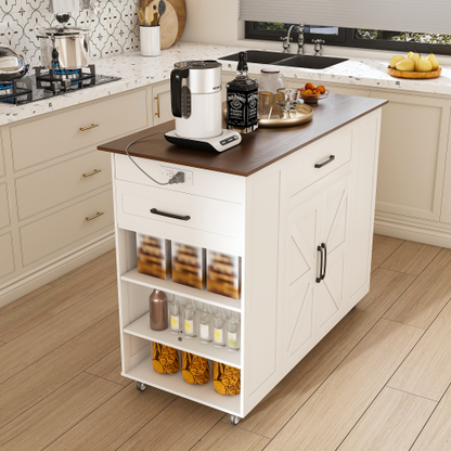 46 inch Kitchen Island on Wheels with Storage & Power Outlet - Movable Rustic Breakfast Bar Table, Wood Top with Adjustable Shelf & Drawer for Kitchen Dining Living Room, White