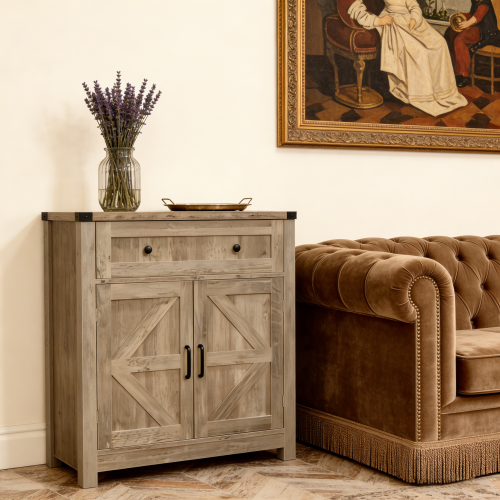 Light Gray-Washed Wood Farmhouse Barn-Door Storage Cabinet, Coffee Bar Buffet Sideboard with Drawer for Kitchen & Living Room