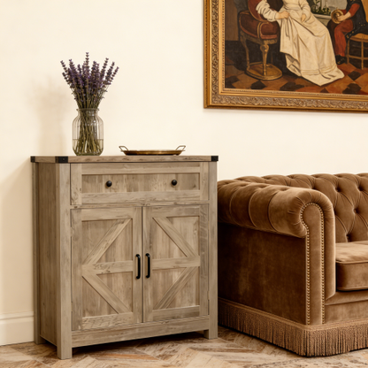 Light Gray-Washed Wood Farmhouse Barn-Door Storage Cabinet, Coffee Bar Buffet Sideboard with Drawer for Kitchen & Living Room