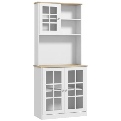 Kitchen Pantry Cabinet, 72 inch Freestanding Storage Cabinet with Hutch, Large Countertop, Glass Doors and Adjustable Shelves, Microwave Cabinet, Coffee Bar Cabinet for Dining Room, White