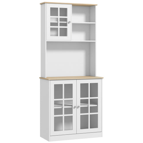 Kitchen Pantry Cabinet, 72 inch Freestanding Storage Cabinet with Hutch, Large Countertop, Glass Doors and Adjustable Shelves, Microwave Cabinet, Coffee Bar Cabinet for Dining Room, White