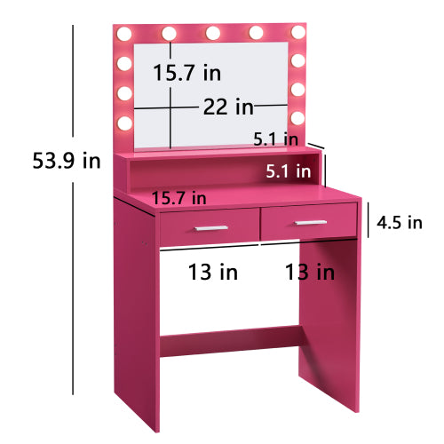 Rose Pink Vanity Desk with Mirror & Lights, 11 LED Bulbs, 2 Large Drawers, 2-Level Storage, 3 Lighting Modes