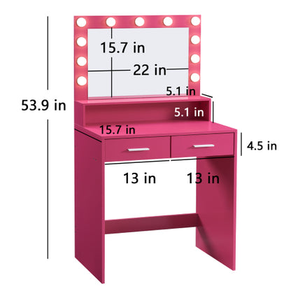 Rose Pink Vanity Desk with Mirror & Lights, 11 LED Bulbs, 2 Large Drawers, 2-Level Storage, 3 Lighting Modes