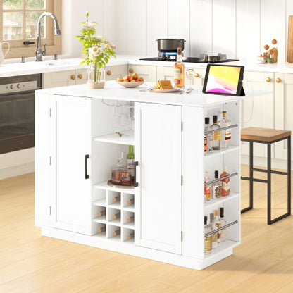U_Style 47.2inch   Bar Table with Drop Leaf & Power Outlet, Wine Bar Cabinet with Bottle Rack & Glass Holder, Coffee Bar, 2-Door Buffet Sideboard with Side Shelves, Melamine MDF (Chairs Not Included)