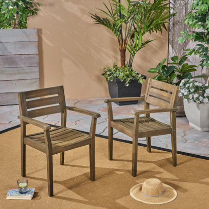 Set of 2 Grey Acacia Wood Outdoor Patio Arm Dining Chairs, Weather Resistant Garden Backyard Chairs 350 LBS Load